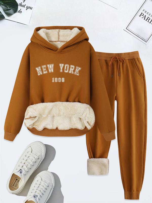 Women's Letter Print Hoodie & Drawstring Waist Pants Thermal Lined Two-piece Set, Casual Long Sleeve Hooded Sweatshirt & Pocket Trousers for Fall & Winter, Women's Clothes for Daily Wear