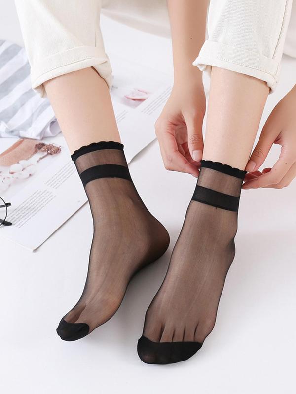 Women's 10 Pairs Solid Sheer Scallop Trim Crew Socks, Comfy Breathable Socks for Daily Wear, Multipack Knit Socks for Summer