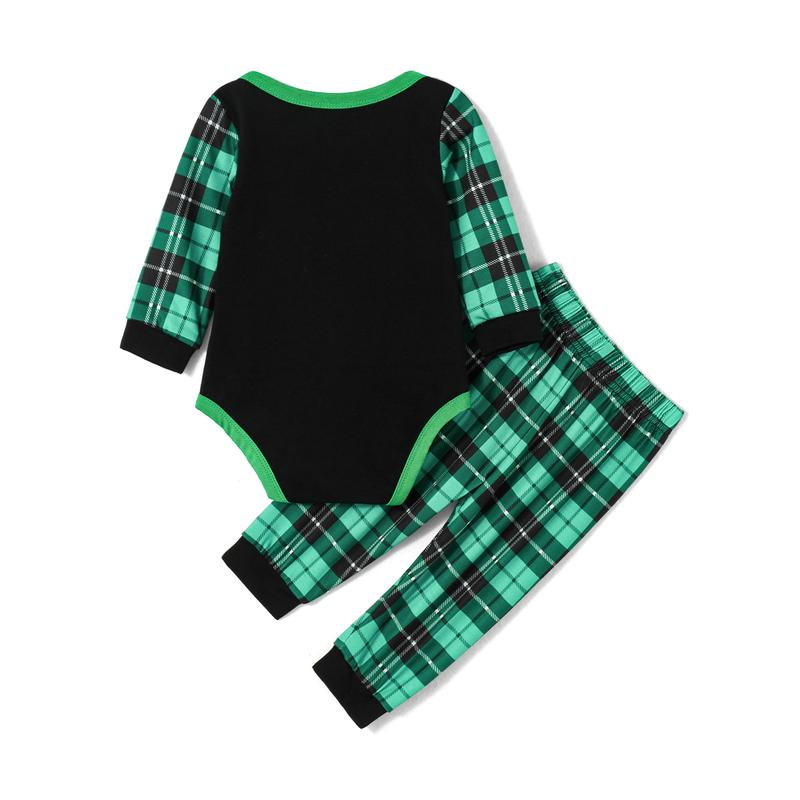 Matching Family Pajamas Sets Christmas PJ's Long Sleeve Letters Print T-shirt Green Plaid Pants Sleepwear Loungewear Nightwear