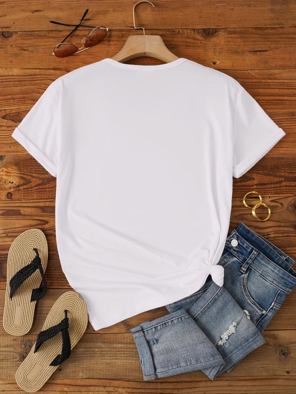 Women's Letter & Figure Print Round Neck Tee, Vintage Short Sleeve Crew Neck T-Shirt, Graphic Tees, Ladies Clothes for Summer