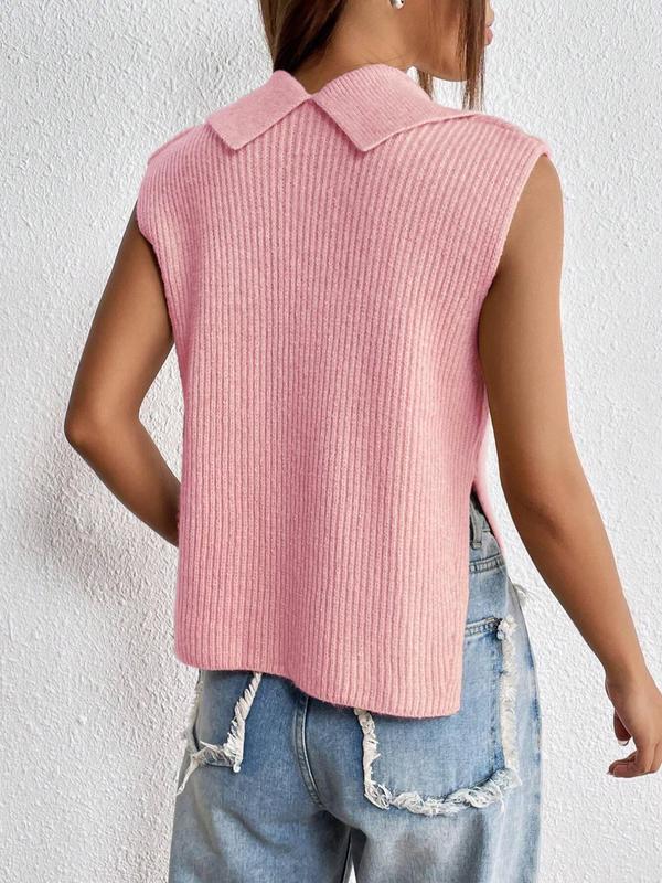 Women's Plain Split Hem Sweater Vest, Casual Solid Collar Sleeveless Knitwear Top for Summer, Knit Tank Tops for Women, Fashion Ladies' Knit Clothing for Daily Wear,  Downtown Girl Clothes