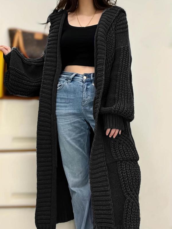 Women's Solid Drop Shoulder Long Sleeve Cable Knit Longline Cardigan, Casual Pocket Hooded Knitwear for Fall & Winter,  Cardigan for Women, Fashion Ladies' Knit Clothing for Daily Wear