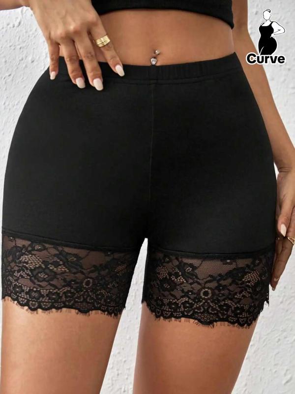 Women's Plus Size Contrast Lace Short Leggings, Casual Black Elastic Waist Skinny Safety Shorts, Ladies Bottoms for Summer