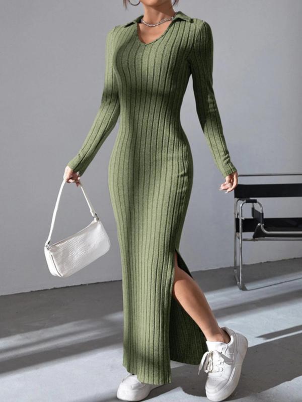 Women's Plain Collar Split Bodycon Dress, Elegant Casual Long Sleeve Ribbed Dress for Spring & Fall, Women's Clothing for Daily Wear