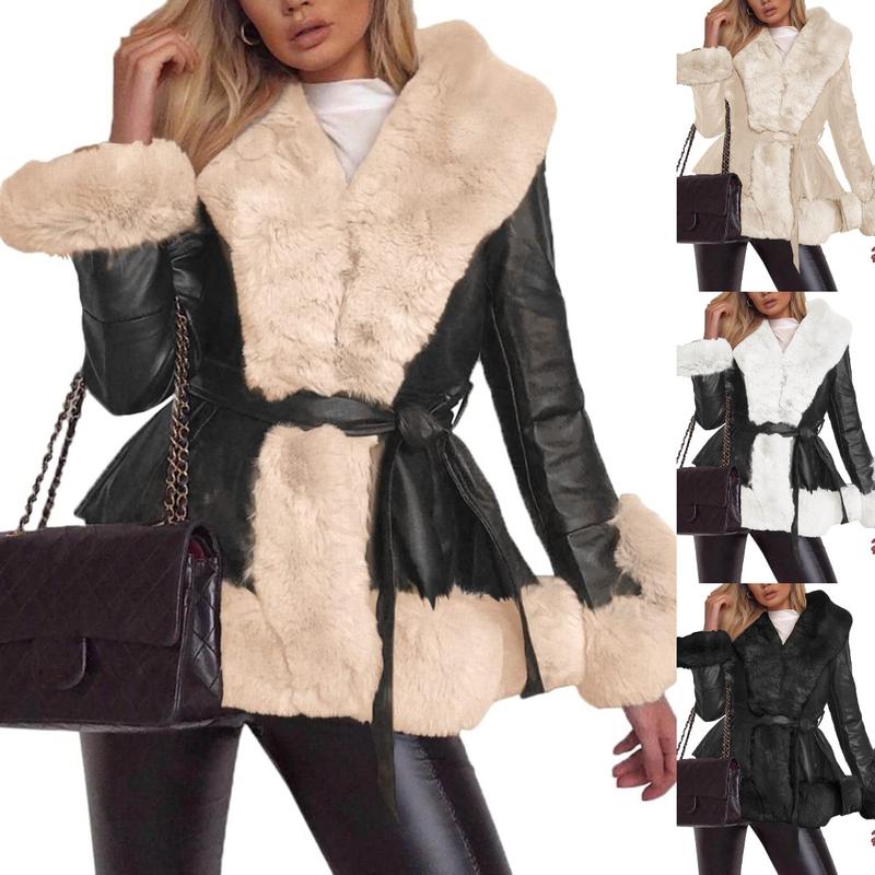 Goranbon Womens Faux Leather Jackets Winter Warm Short Long Parka Coats with Faux Fur Collar Outwear