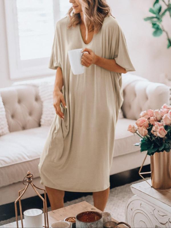 Women's Plain V Neck Batwing Sleeve Nightdress, Casual Soft Comfortable Half Sleeve Nightgown for Women, Ladies Summer Sleepwear