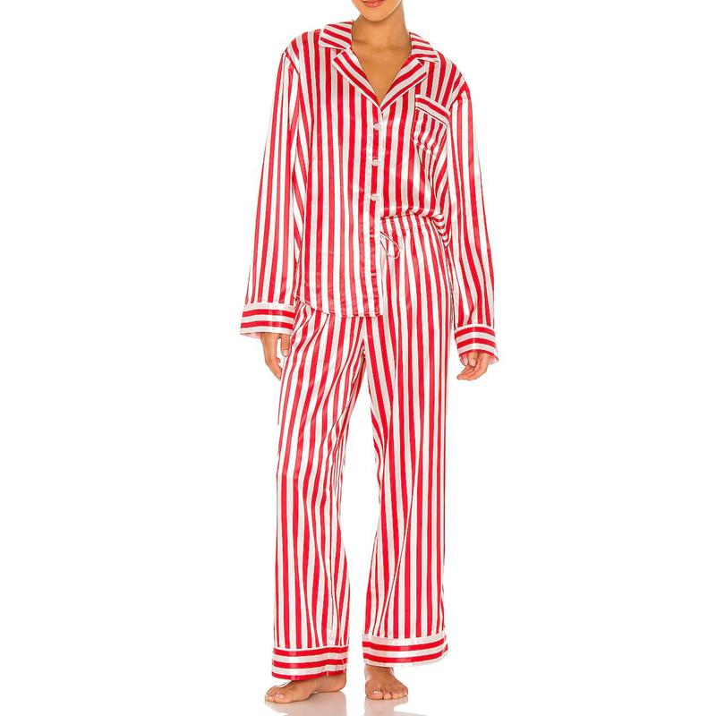 Womens Christmas Pajamas Set Striped Print Long Sleeve Button Down Shirt Blouse and Pants Pjs Lounge Set Sleepwear