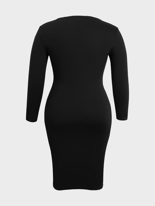  Solid Color Round Neck Bodycon Dress, Casual Fashion 3 4 Sleeve Midi Dress for Daily Outdoor Wear, Women Plus Clothing for Spring Fall, Fall Dresses, Birthday Dresses 2024