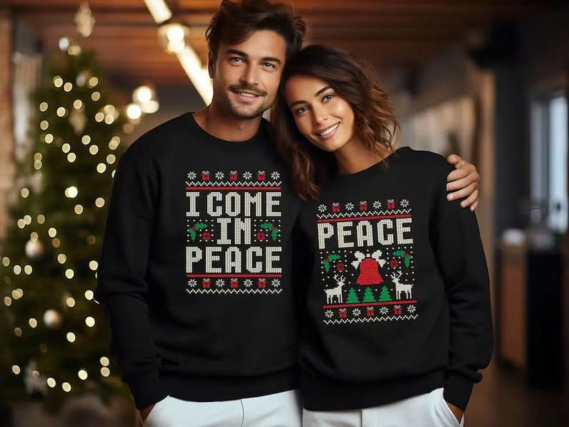 Couples Matching Ugly Christmas Sweater, I Come in Peace Sweater, Ugly Xmas Holiday Sweater, Adult Humor Peace Shirt, Ugly Christmas Party