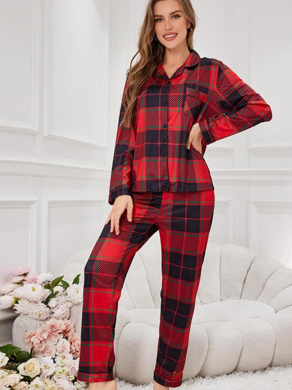 Christmas Two-piece Set Women's Plaid Print Lapel Neck Button Front Pocket Shirt & Elastic Waist Pants Pyjama, Pajama Sets Women, Casual Comfy Long Sleeve Top & Trousers Pj Set, Women's Sleepwear for Spring & Fall