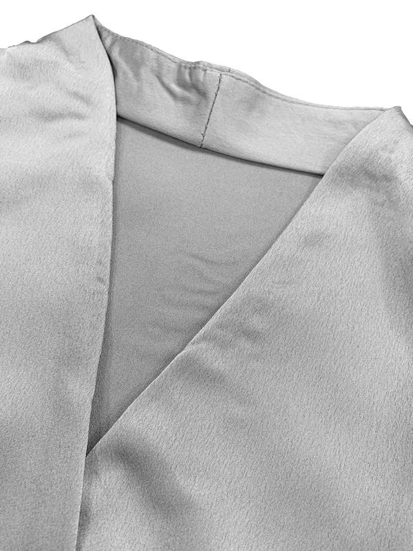 Women's Plain Ruched Wrap V Neck Blouse, Elegant Bishop Sleeve Top for Spring & Fall, Women's Clothing for Daily Wear