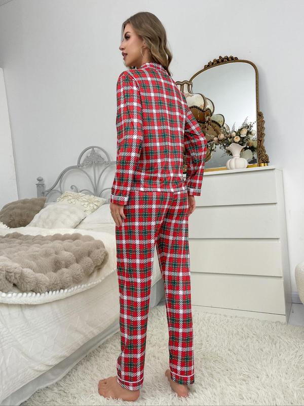 Christmas Two-piece Set Women's Plaid Print Lapel Neck Button Front Pocket Shirt & Elastic Waist Pants Pyjama, Pajama Sets Women, Casual Comfy Long Sleeve Top & Trousers Pj Set, Women's Sleepwear for Spring & Fall