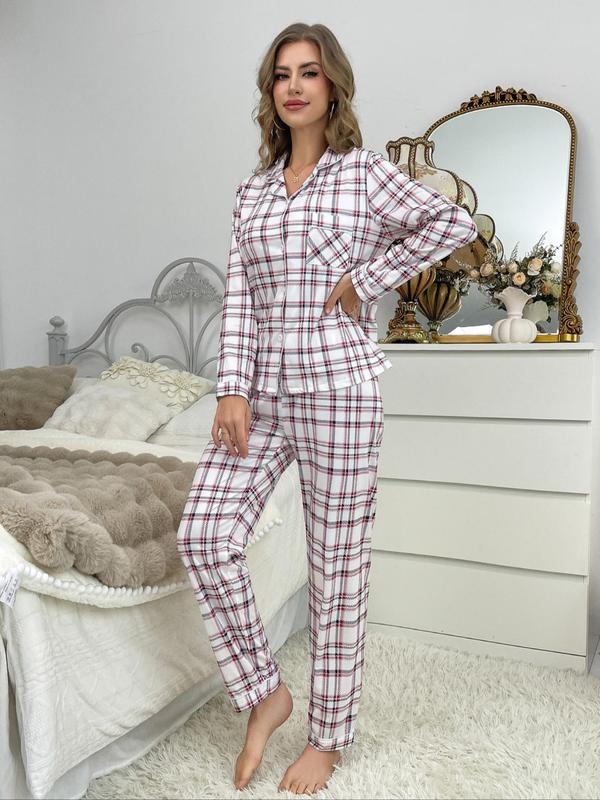 Christmas Two-piece Set Women's Plaid Print Lapel Neck Button Front Pocket Shirt & Elastic Waist Pants Pyjama, Pajama Sets Women, Casual Comfy Long Sleeve Top & Trousers Pj Set, Women's Sleepwear for Spring & Fall