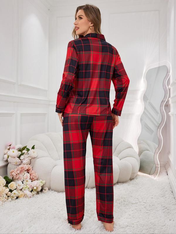 Christmas Two-piece Set Women's Plaid Print Lapel Neck Button Front Pocket Shirt & Elastic Waist Pants Pyjama, Pajama Sets Women, Casual Comfy Long Sleeve Top & Trousers Pj Set, Women's Sleepwear for Spring & Fall