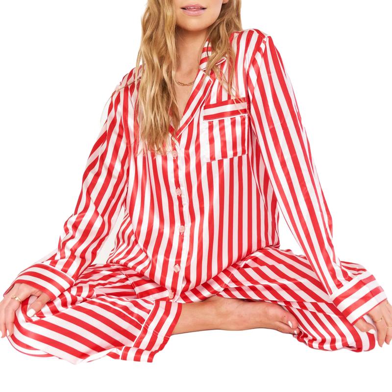 Womens Christmas Pajamas Set Striped Print Long Sleeve Button Down Shirt Blouse and Pants Pjs Lounge Set Sleepwear