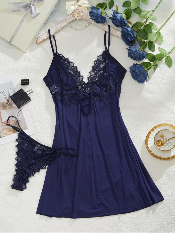  Two-Piece Set Contrast Lace Backless Cami Nightdress & Thong Set, Sexy Adjustable Strap Slip Nightgown & Panty Set, Women's Sleepwear for All Seasons