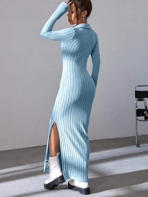 Women's Plain Collar Split Bodycon Dress, Elegant Casual Long Sleeve Ribbed Dress for Spring & Fall, Women's Clothing for Daily Wear