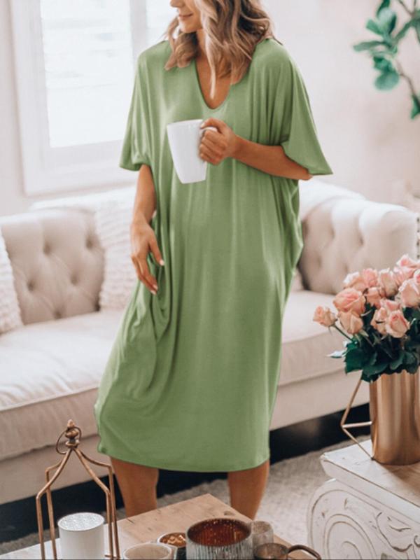 Women's Plain V Neck Batwing Sleeve Nightdress, Casual Soft Comfortable Half Sleeve Nightgown for Women, Ladies Summer Sleepwear