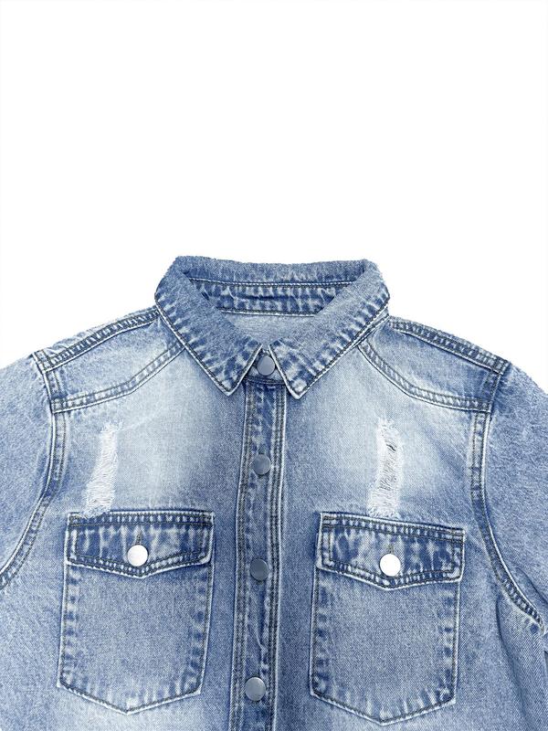 Women's Plain Ripped Raw Hem Button Front Denim Jacket, Casual Long Sleeve Collared Pocket Outerwear for Daily Wear, Winter Clothes Women, Ladies Clothes for All Seasons