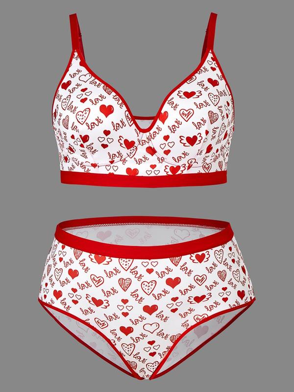  Two-piece Set Heart and Letter Print Wireless Bra & Tape Panty, Adjustable Strap Lingerie Set, Soft Comfy Breathable Underwear Set for Women