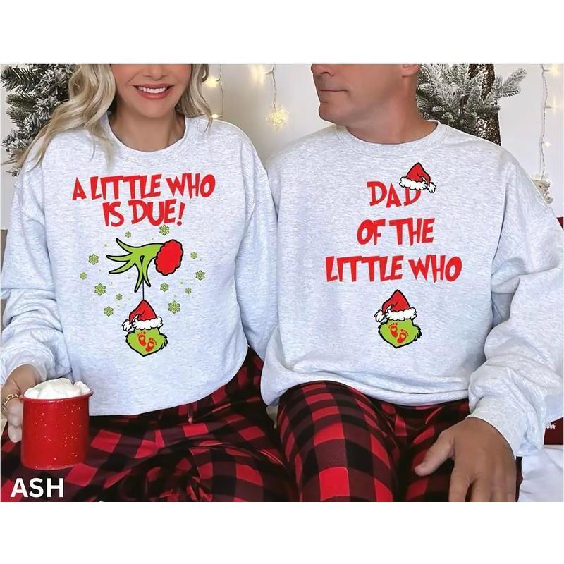 A Little Who Is Due Couple Sweatshirt, Mommy To Be Shirt, New Dad Shirt, Christmas Pregnancy Reveal Sweatshirt,  Christmas Holiday Maternity Sweatshirt, Christmas Pregnant Shirt, Baby Reveal Xmas Party Shirt