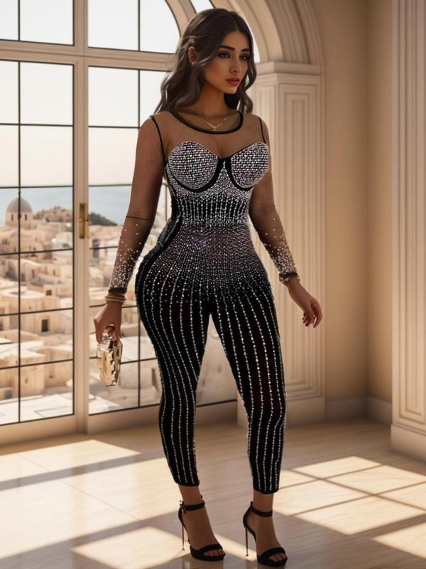 Women's Rhinestone Decor Sheer Tulle Overalls, Elegant Long Sleeve Zipper Jumpsuit for Party Club Dating, Women's Clothing for Summer