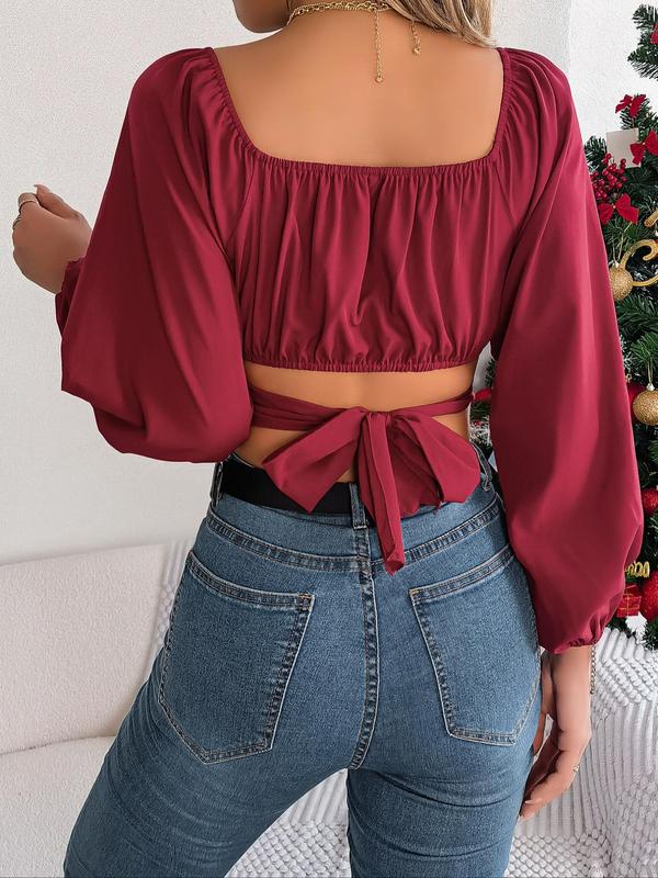 Women's Plain Ruched Tie Back Bishop Sleeve Crop Blouse, Boho Long Sleeve Square Neck Top for Spring & Fall, Ladies Clothes for Daily Wear, Fitted Blouse, Tops for Women