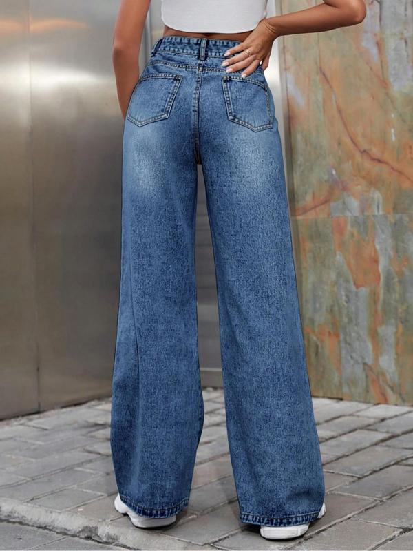 Women's Ripped High Waist Wide Leg Vintage Jeans, Street Pants Pocket Button Fly Baggy Denim Trousers, Fall Clothes, Ladies Bottoms for All Seasons