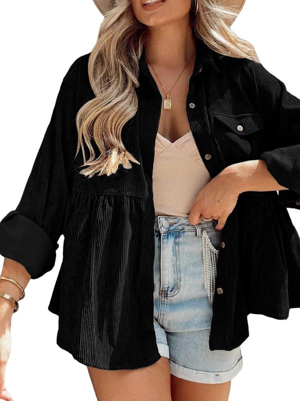 Women's Plain Button Front Flap Pocket Corduroy Jacket, Jackets for Women, Casual Long Sleeve Collared Outerwear, Ladies Shirts, Summer Outfits 2024, Women's Clothes