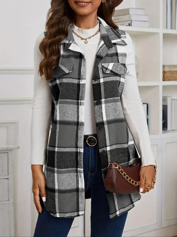 Women's Plaid Print Button Front Pocket Vest Coat, Casual Sleeveless Collared Outerwear for Spring & Fall, Ladies Clothes for Daily Wear