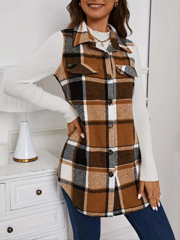 Women's Plaid Print Button Front Pocket Vest Coat, Casual Sleeveless Collared Outerwear for Spring & Fall, Ladies Clothes for Daily Wear