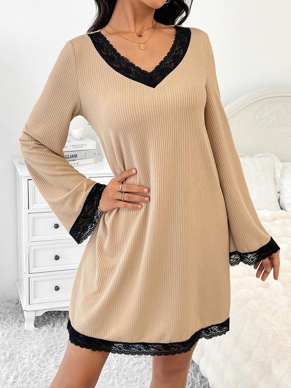 Women's Contrast Lace Flounce Sleeve Nightdress, Long Sleeve V Neck Nightgown, Women's Sleepwear for Fall & Winter