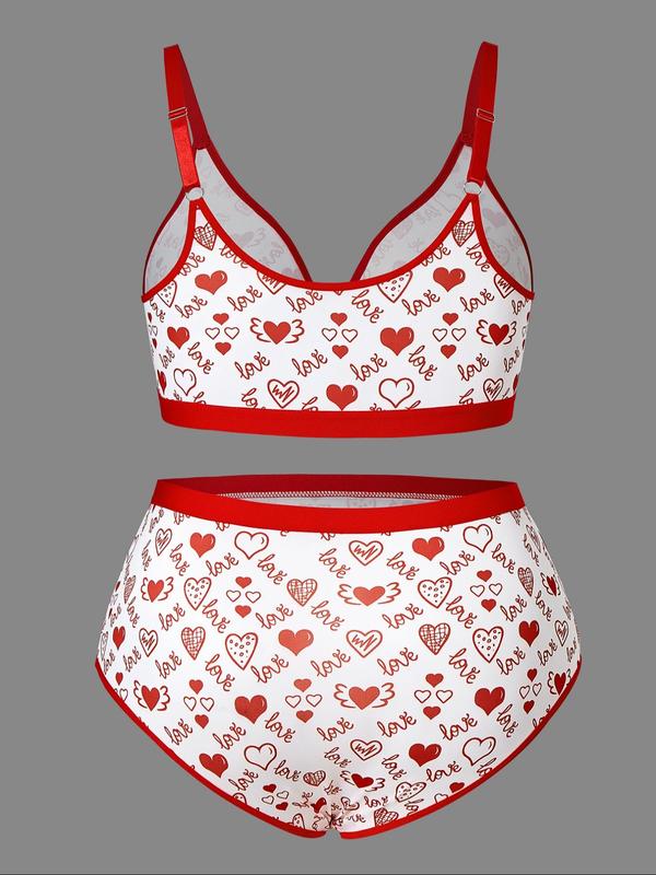  Two-piece Set Heart and Letter Print Wireless Bra & Tape Panty, Adjustable Strap Lingerie Set, Soft Comfy Breathable Underwear Set for Women