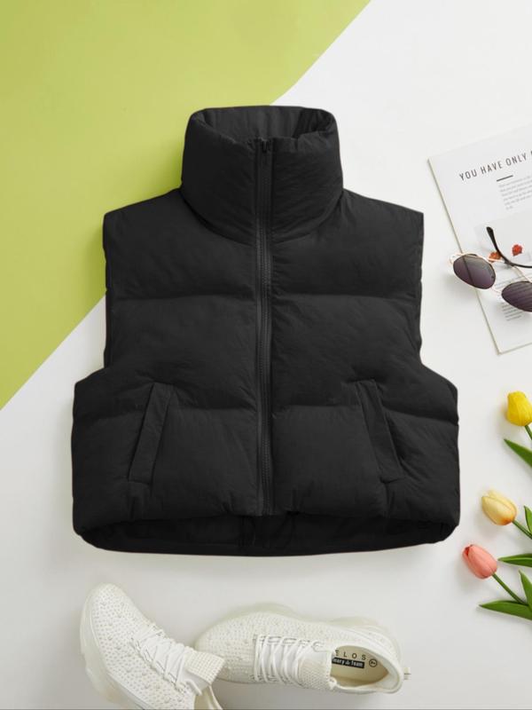 Women's Solid Color Drawstring Pocket Zip Up Puffer Vest, Casual Sleeveless High Neck Outerwear for Fall & Winter, Women's Warm Clothing for Daily Wear