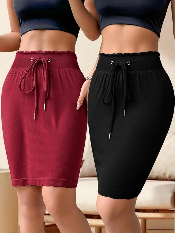 Women's Solid Drawstring High Waist Shapewear Skirt, Casual Comfy Breathable Frill Trim Knee Length Shapewear Bottoms for Daily Wear, Ladies Shapewear for All Seasons