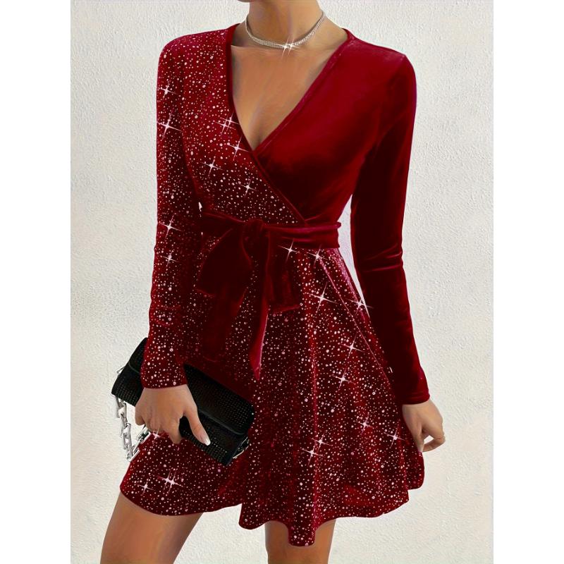 US Shipping Sparkling Sequin Mini Dress with V-Neck and Long Sleeves, Elegant Women's Party Dress