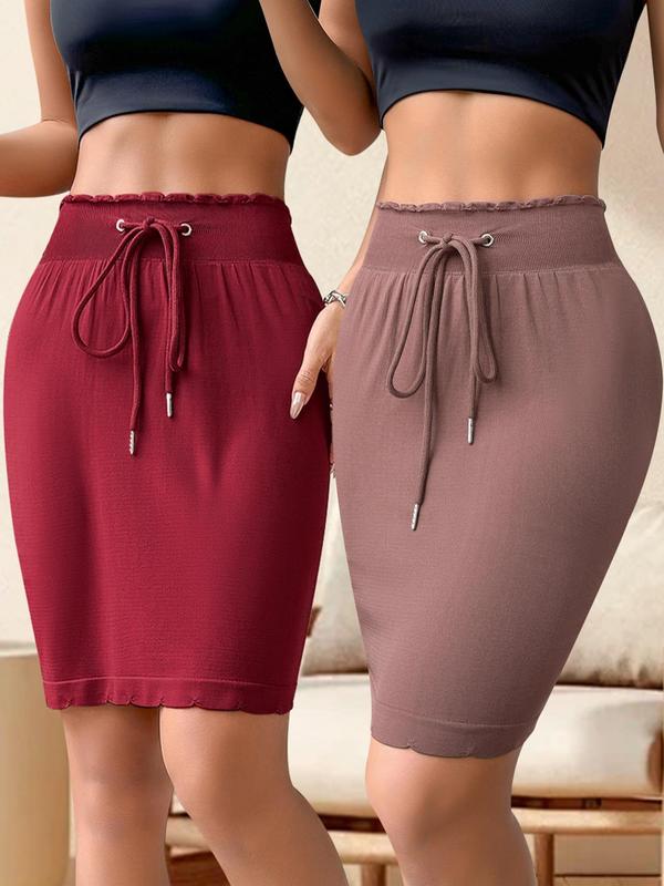 Women's Solid Drawstring High Waist Shapewear Skirt, Casual Comfy Breathable Frill Trim Knee Length Shapewear Bottoms for Daily Wear, Ladies Shapewear for All Seasons