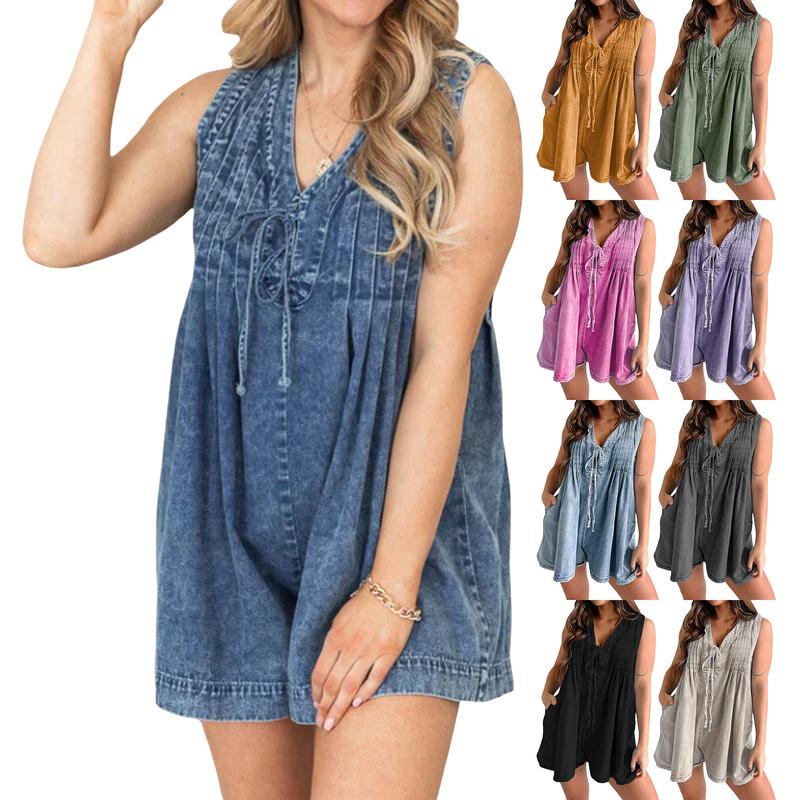 Women's Demin Tank Top Jumpsuit Loose Pleated Tie Front V Neck Sleeveless Shorts Romper with Pockets for Summer