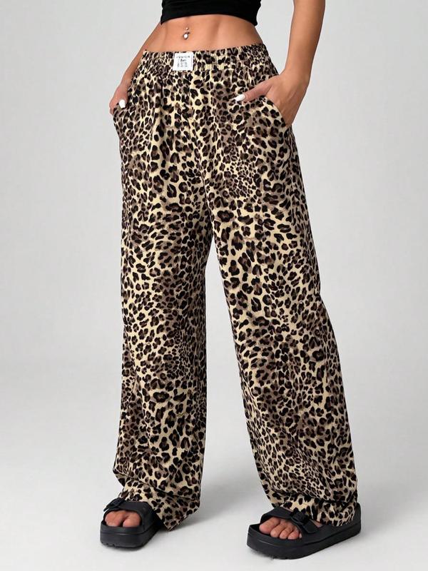 Women's Leopard Print Pocket Straight Leg Sweatpants, Casual Comfy Trousers for Daily Wear, Ladies Bottoms for Fall & Winter