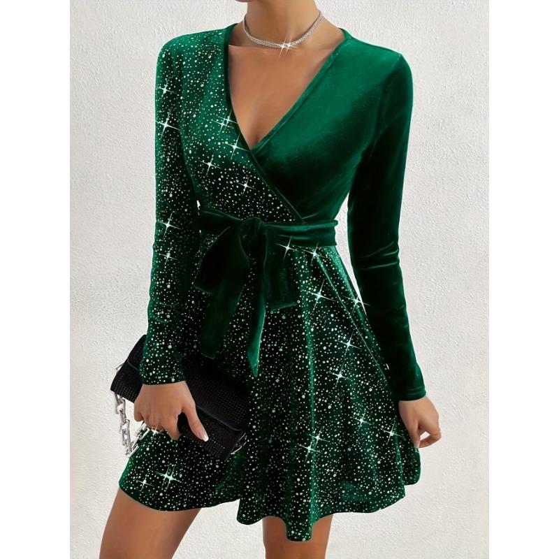 US Shipping Sparkling Sequin Mini Dress with V-Neck and Long Sleeves, Elegant Women's Party Dress