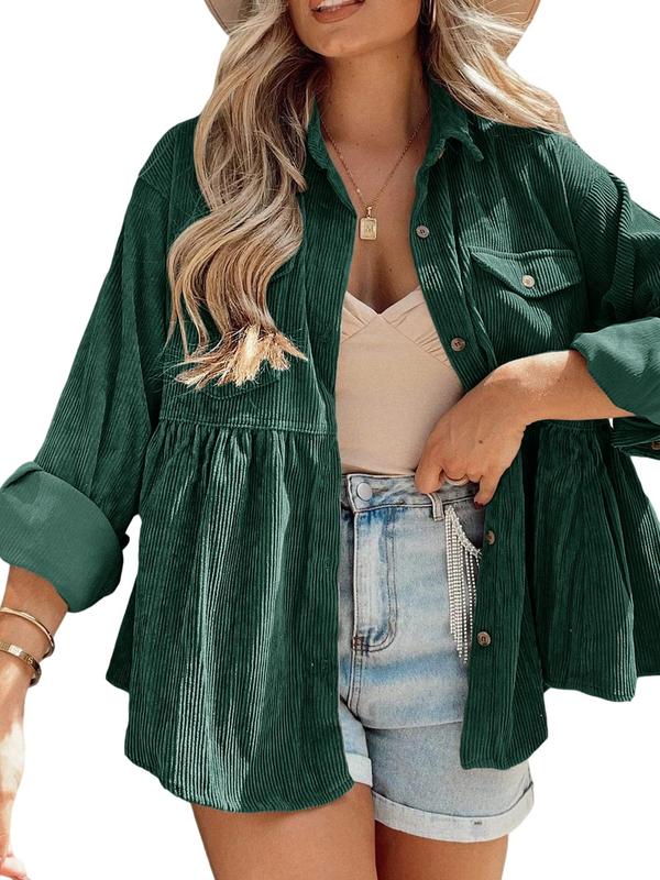 Women's Plain Button Front Flap Pocket Corduroy Jacket, Jackets for Women, Casual Long Sleeve Collared Outerwear, Ladies Shirts, Summer Outfits 2024, Women's Clothes