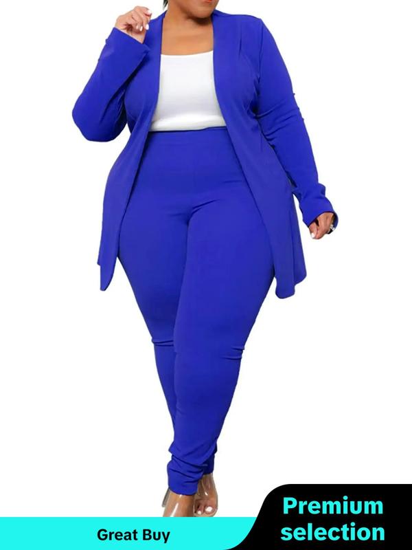  Solid Long Sleeve Coat & Elastic Waist Pants Set, Women's Clothing, Open Front Outerwear & High Waist Trousers Set, Summer Outfits 2024 Sets, Co-ord Sets for Women, Clothing