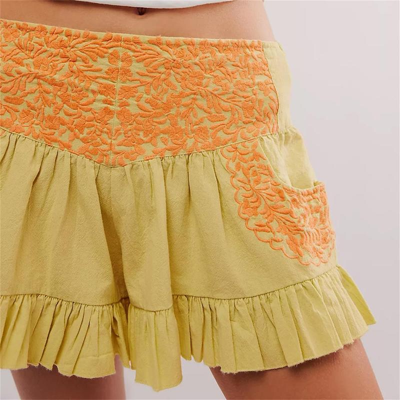 Women Y2k Floral Shorts Boho Ruffle Hem Wide Leg Elastic Wiated Short Pants with Pockets Summer Pjs Lounge Beachwear