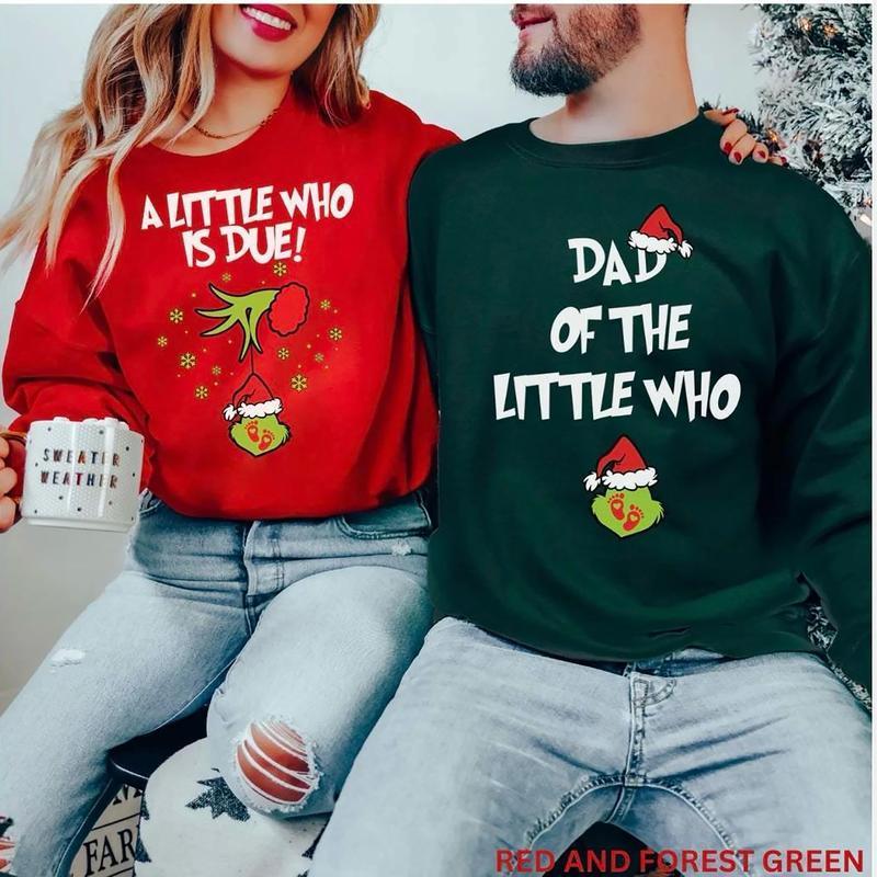 A Little Who Is Due Couple Sweatshirt, Mommy To Be Shirt, New Dad Shirt, Christmas Pregnancy Reveal Sweatshirt,  Christmas Holiday Maternity Sweatshirt, Christmas Pregnant Shirt, Baby Reveal Xmas Party Shirt