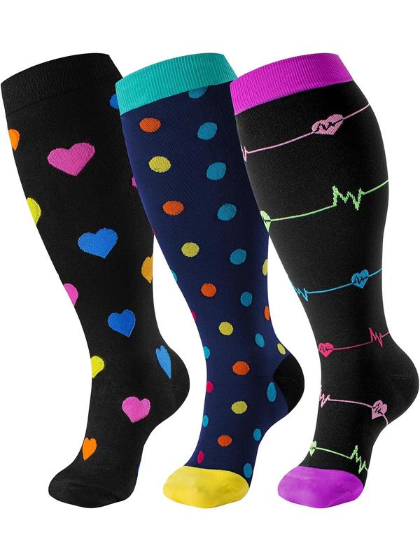 Unisex's Polka Dot & Heart Print Over The Calf Socks, 3 Counts Casual Comfy Breathable Sports Socks for Daily Activities Wear, Unisex Socks for Fall & Winter