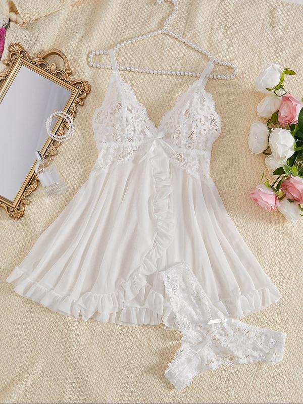 Women's Solid Color Sheer Floral Lace Cami Nightdress & Thong Sexy Lingerie Two-piece Set, Adjustable Spaghetti Strap Backless Nightgown & Panty Set, Women's Sleepwear for All Seasons