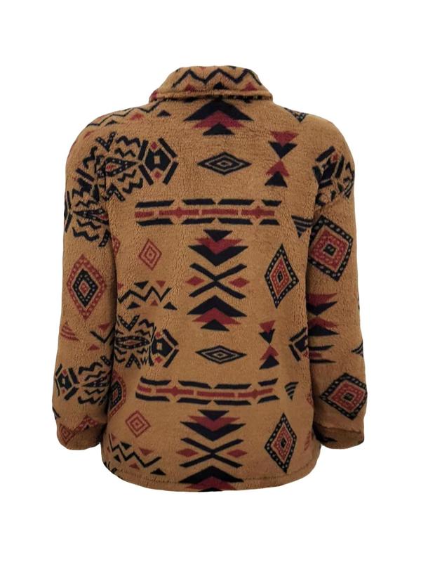 Women's Ethnic Pattern Button Front Drop Shoulder Plush Jacket, Casual Long Sleeve Collared Outerwear for Fall & Winter, Ladies Clothes for Daily Wear