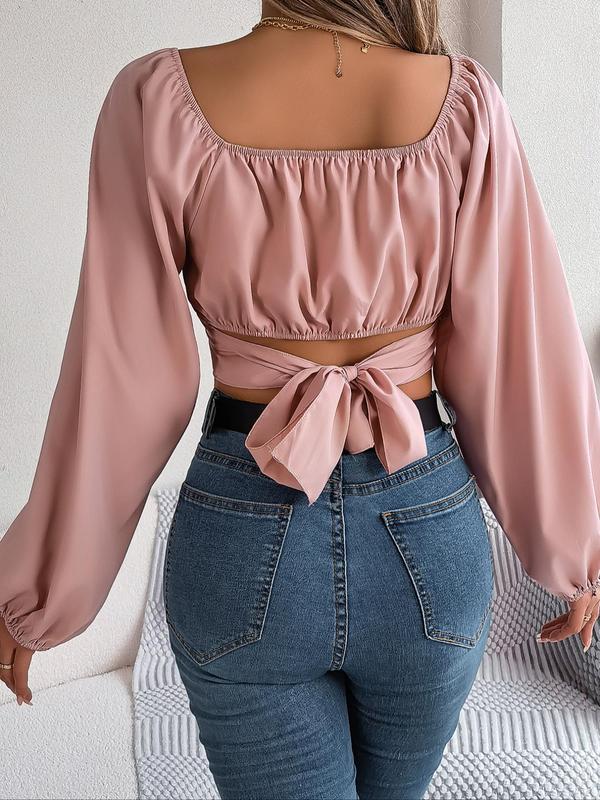 Women's Plain Ruched Tie Back Bishop Sleeve Crop Blouse, Boho Long Sleeve Square Neck Top for Spring & Fall, Ladies Clothes for Daily Wear, Fitted Blouse, Tops for Women