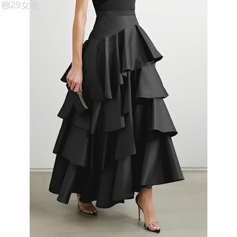 Stunning A-Line Ruffle Hem Skirt - Women's Clothing - Elegant High Waist Ankle Length Solid Color Party & Banquet Skirt with Layered Asymmetrical Design, Comfortable and Flattering Fit Fabric Womenswear