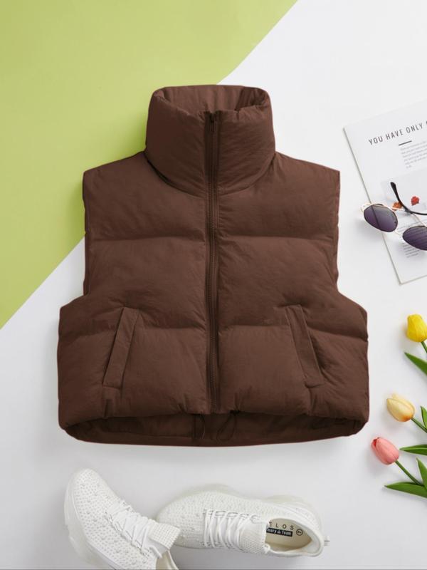 Women's Solid Color Drawstring Pocket Zip Up Puffer Vest, Casual Sleeveless High Neck Outerwear for Fall & Winter, Women's Warm Clothing for Daily Wear